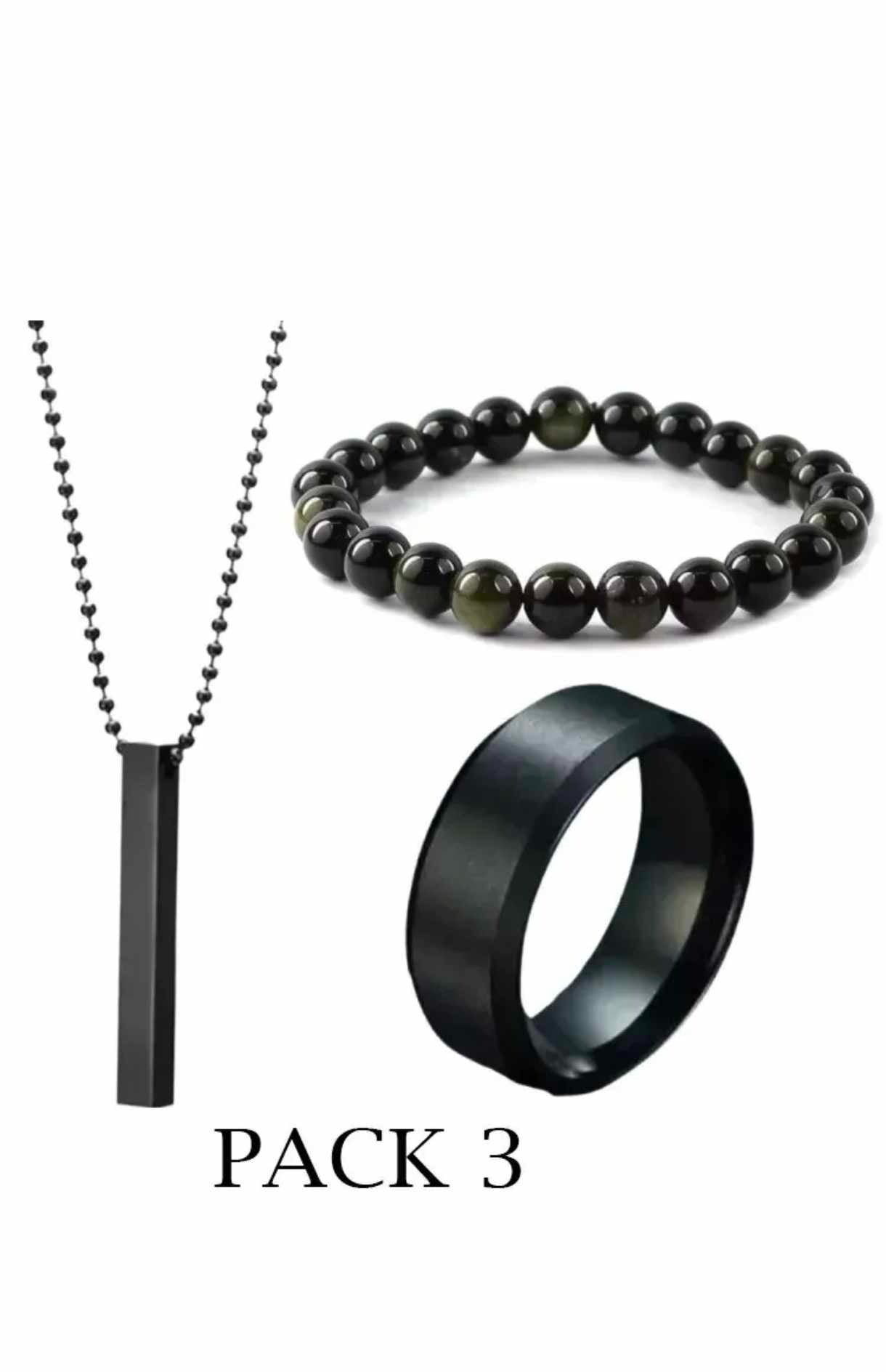 Pack Of 3 Vertical Bar Boy's Pendant, Ring And Bracelet Set, color black